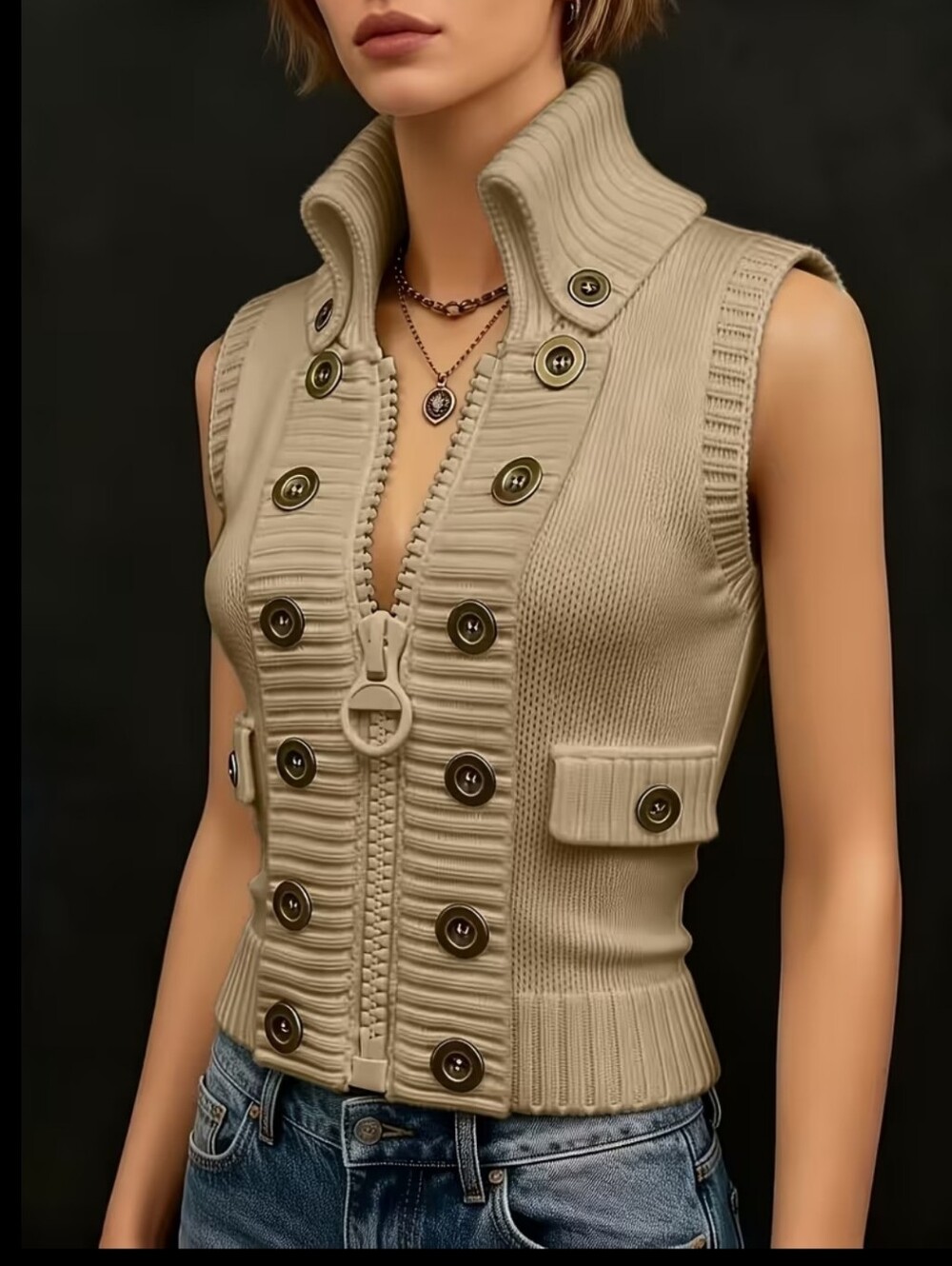 Multi-Button Decorative Large Zipper Stand-Up Collar Fitted Cardigan